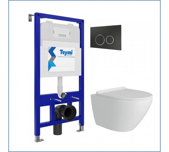 Изображение товара Инсталляция с унитазом Teymi комплект 5 в 1 унитаз подвесной безободковый Lina Pro кнопка черная/хром F13389 F13389 ЦБ-00302365