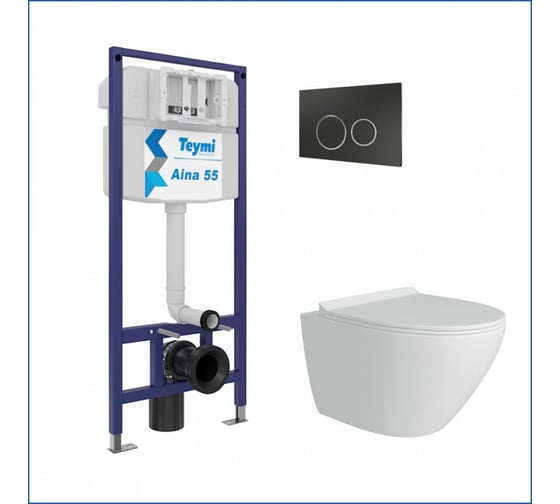 Изображение товара Инсталляция с унитазом Teymi комплект 5 в 1 унитаз подвесной безободковый Lina Pro кнопка черная/хром F13881 F13881 ЦБ-00286357