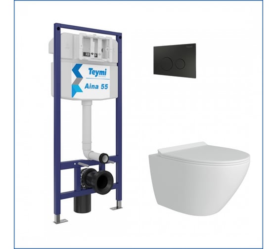 Изображение товара Инсталляция с унитазом Teymi комплект 5 в 1 унитаз подвесной безободковый Lina Pro кнопка черная F13865 F13865 ЦБ-00286350