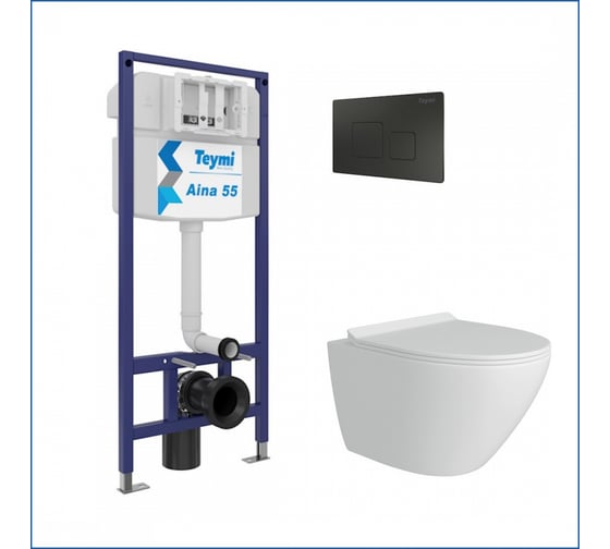 Изображение товара Инсталляция с унитазом Teymi комплект 5 в 1 унитаз подвесной безободковый Lina Pro кнопка черная F13869 F13869 ЦБ-00286349