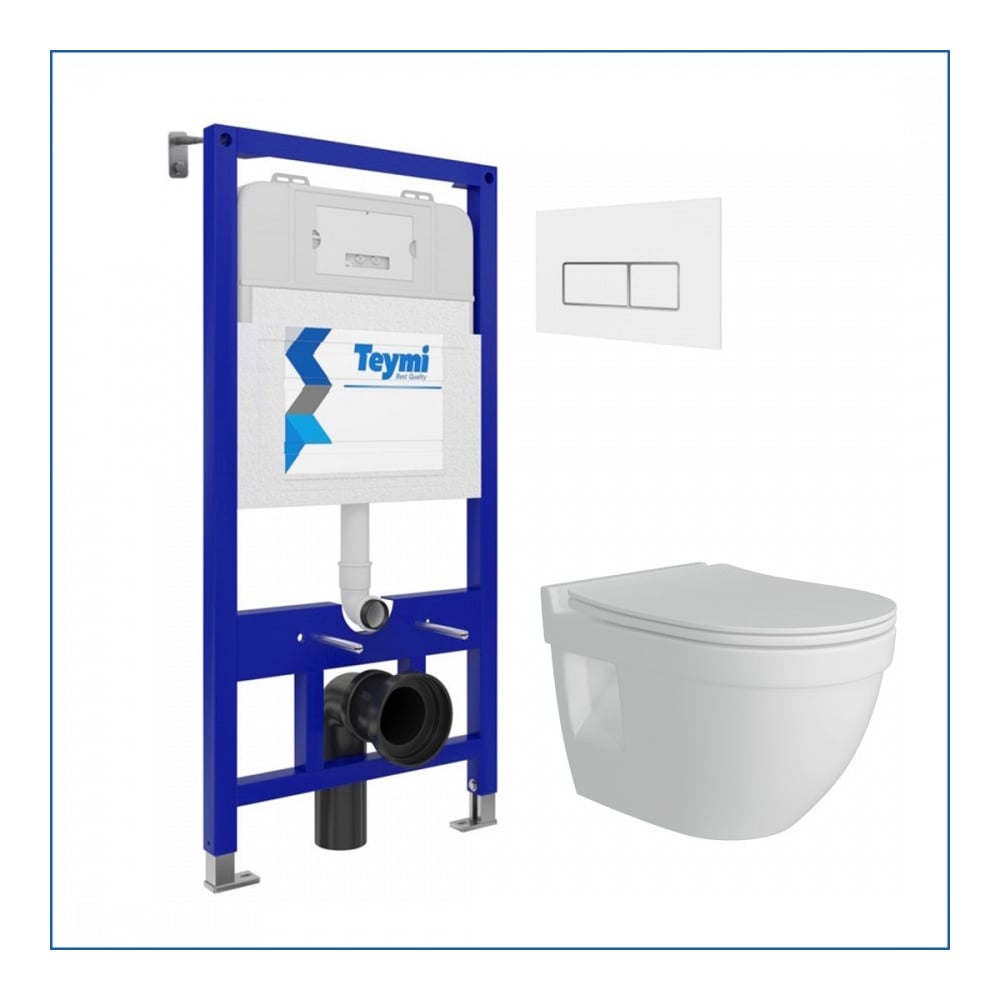 Изображение товара Инсталляция с унитазом Teymi комплект 5 в 1 унитаз подвесной безободковый Vitra Pro кнопка белая/хром F13352 F13352 ЦБ-00302382