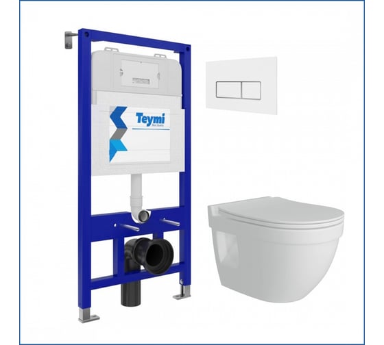 Изображение товара Инсталляция с унитазом Teymi комплект 5 в 1 унитаз подвесной безободковый Vitra Pro кнопка белая/хром F13352 F13352 ЦБ-00302382