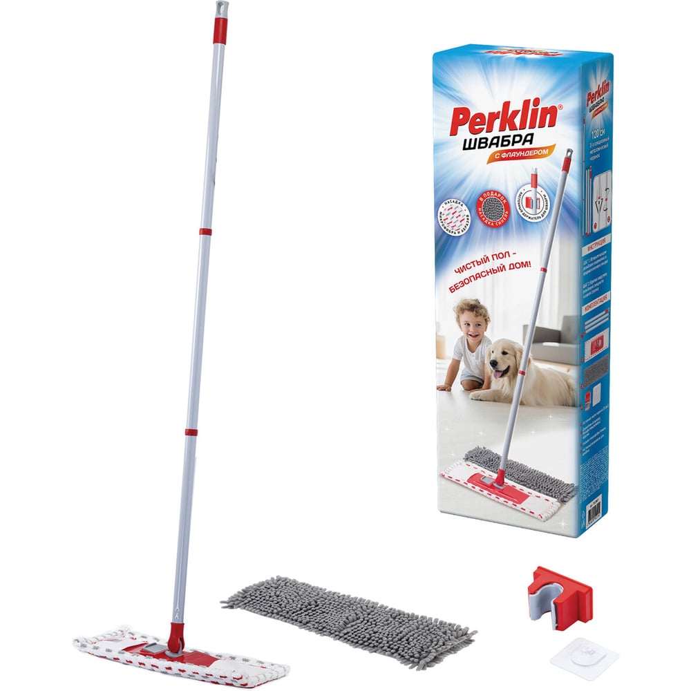 Изображение товара Швабра PERKLIN с флаундером 40см, металлический черенок, микрофибра и абразив