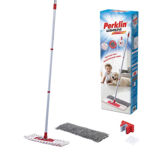 Изображение товара Швабра PERKLIN с флаундером 40см, составной черенок 120см, МОП микрофибра/абразив+МОП синель 700987