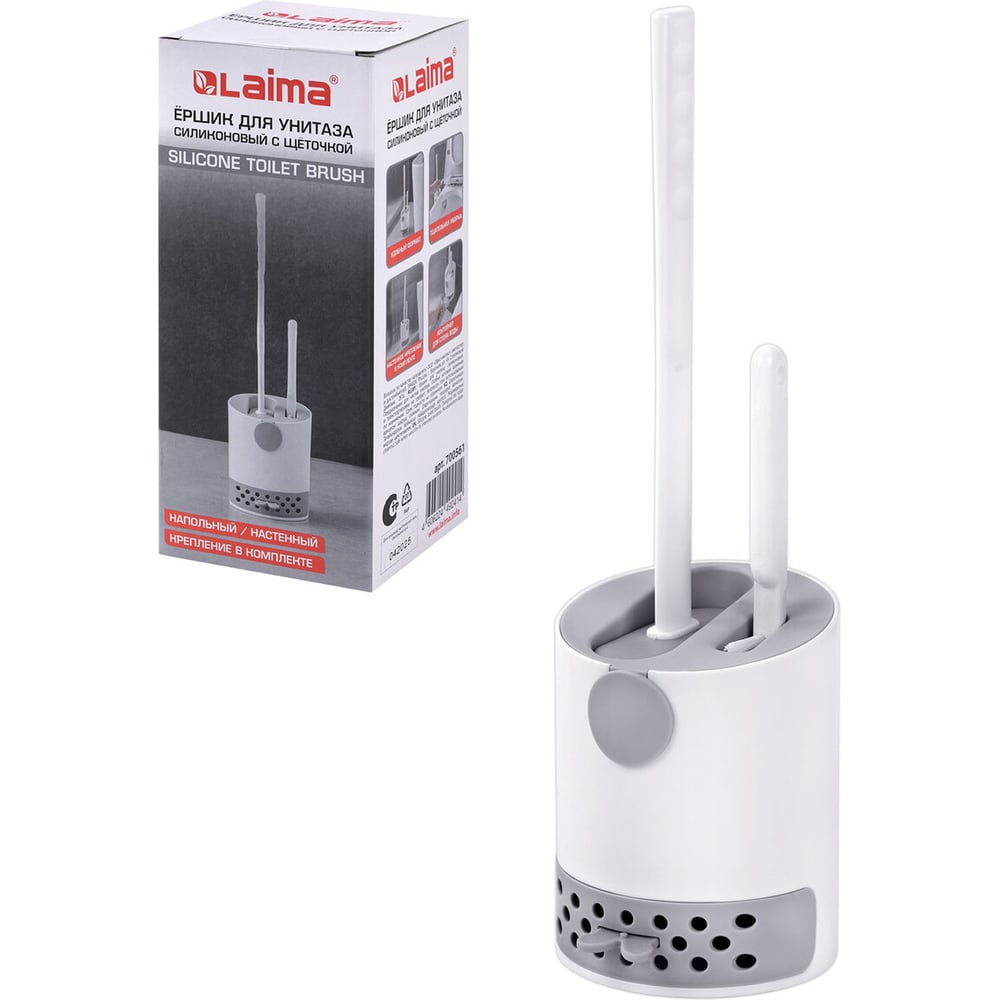 Изображение товара Ершик для унитаза LAIMA силиконовый плоский с щеточкой напольный и настенный монтаж