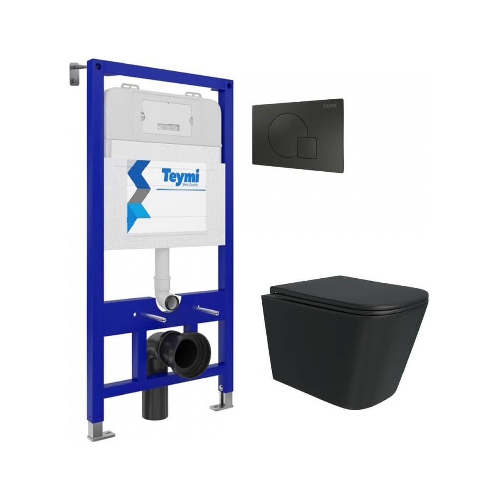 Изображение товара Комплект унитаза с инсталляцией Teymi Aina 52 черный с крышкой и клавишей смыва