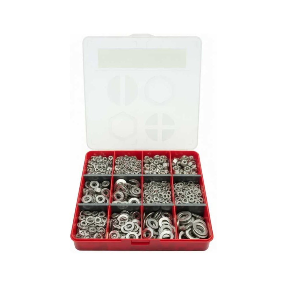 Изображение товара Набор гайки и шайбы DIN934+DIN125 нержавейка M4-12 2100 шт