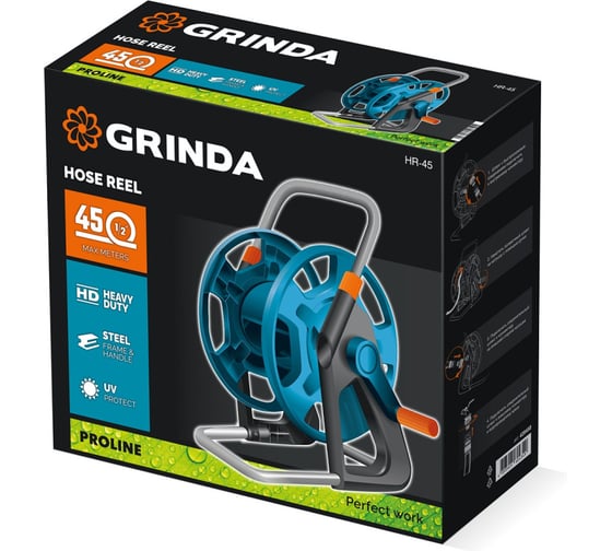 Изображение товара Катушка для шлангов Grinda HR-45, для шлангов 45м x 1/2 и 20м х 3/4, стальные опоры, пластиковый барабан, ProLine 428450