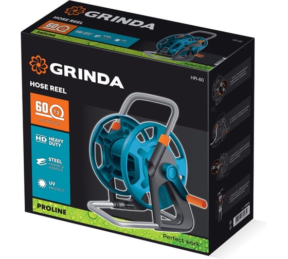 Изображение товара Катушка для шлангов Grinda HR-60, для шлангов 60м x 1/2 и 30м х 3/4, стальные опоры, пластиковый барабан ProLine 428451