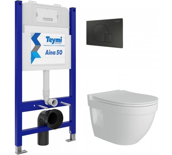 Изображение товара Комплект Teymi Готовое решение: Инсталляция Aina 50 + клавиша смыва Ellie черная + унитаз Vitra Prо F00687 ЦБ-00298110