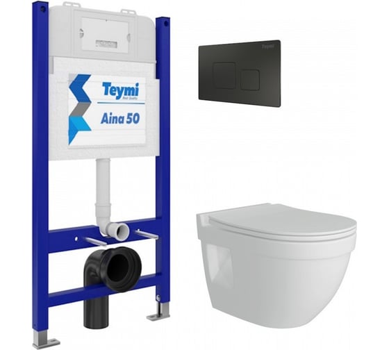 Изображение товара Комплект Teymi Готовое решение: Инсталляция Aina 50 + клавиша смыва Kati черная + унитаз Vitra Pro F00681 ЦБ-00298104