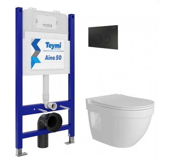 Изображение товара Комплект Teymi Готовое решение: Инсталляция Aina 50 + клавиша смыва Lina черная + унитаз Vitra Pro F00677 ЦБ-00298100