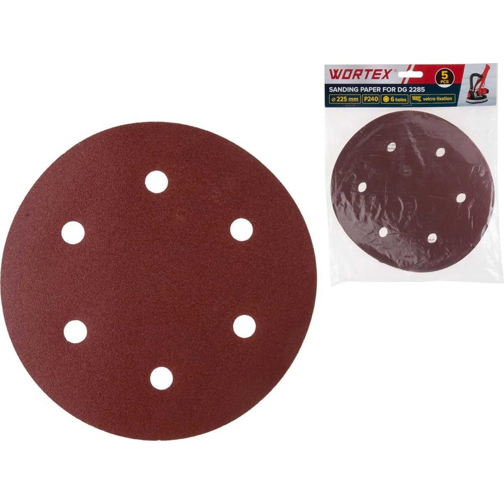 Изображение товара Шлифлист WORTEX 225 мм P240 для DG 2285 самосцепляющийся 6 отверстий 5 шт