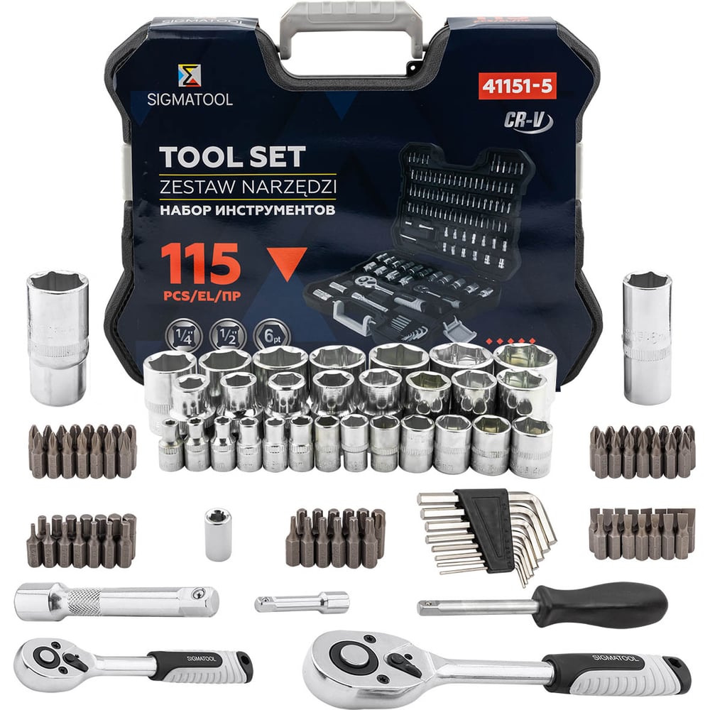 Изображение товара Набор инструментов SIGMATOOL 115 предметов, 1/4 и 1/2 дюйма, кейс