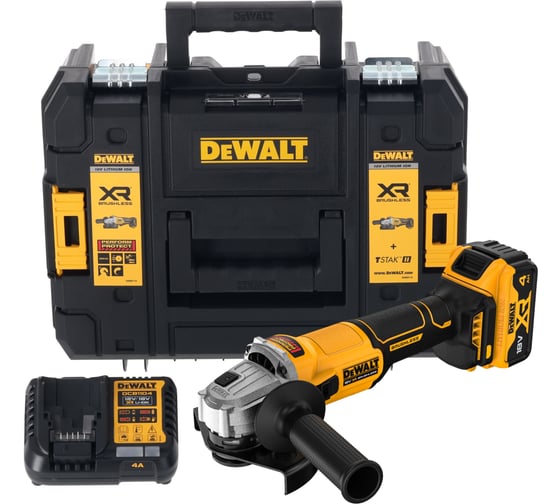 Изображение товара Аккумуляторная угловая шлифмашина DEWALT DCG407M1T, 18 В, 125 мм, 9000 об/мин, с 1 АКБ 4 Ач и ЗУ, в кейсе TSTAK () DCG407M1T-QW