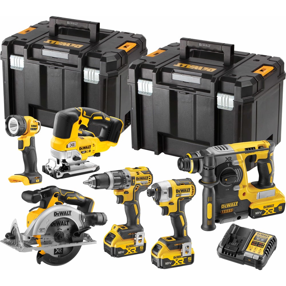 Изображение товара Аккумуляторный набор DEWALT DCK690P3T: дрель, перфоратор, лобзик, пила и фонарь