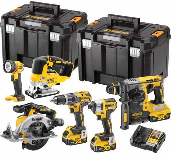 Изображение товара Аккумуляторный набор DEWALT DCK690P3T: дрель + шуруповерт + перфоратор + пила + лобзик + фонарь, с 3 АКБ 5 Ач и ЗУ, в 2 кейсах DCK690P3T-QW