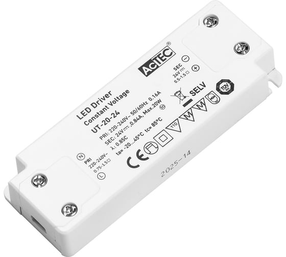 Изображение товара Блок питания AcTEC 24В, 20Вт, IP20, 0.83A, 103x36x16мм, UT-20-24