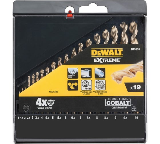 Изображение товара Набор кобальтовых сверл DEWALT DT5936 Extreme, 19 шт DT5936-QZ