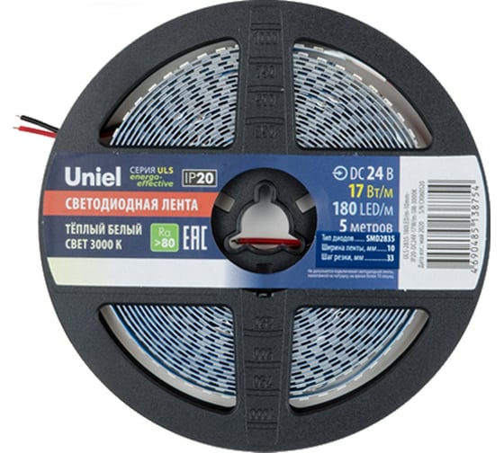 Изображение товара Светодиодная лента Uniel 180LED/m-10mm-IP20-DC24V-17W/m-5M-3000K катушка в герметичной упаковке UL-00007642