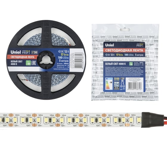 Изображение товара Светодиодная лента Uniel 2835-180LED/m-10mm-IP20-DC12V-17W/m-5M-4000K PROFI катушка в герметичной упаковке UL-00007640