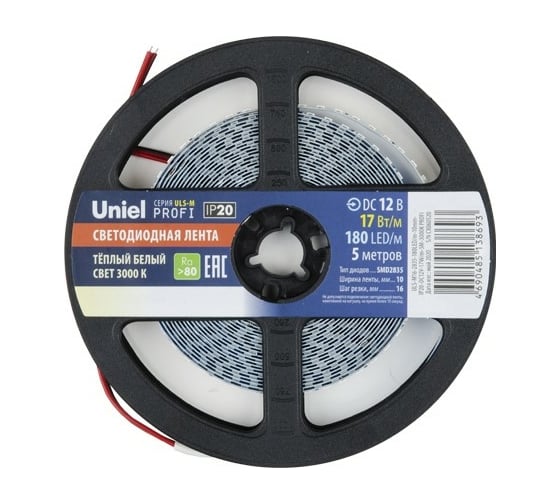 Изображение товара Светодиодная лента Uniel 2835-180LED/m-10mm-IP20-DC12V-17W/m-5M-3000K PROFI катушка в герметичной упаковке UL-00007639
