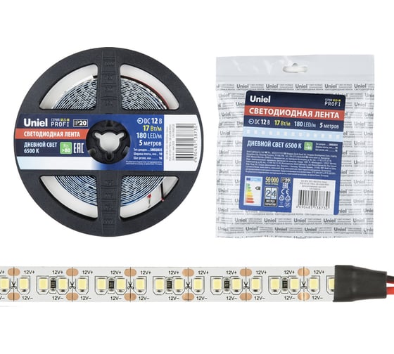 Изображение товара Светодиодная лента Uniel 2835-180LED/m-10mm-IP20-DC12V-17W/m-5M-6500K PROFI катушка в герметичной упаковке UL-00007641