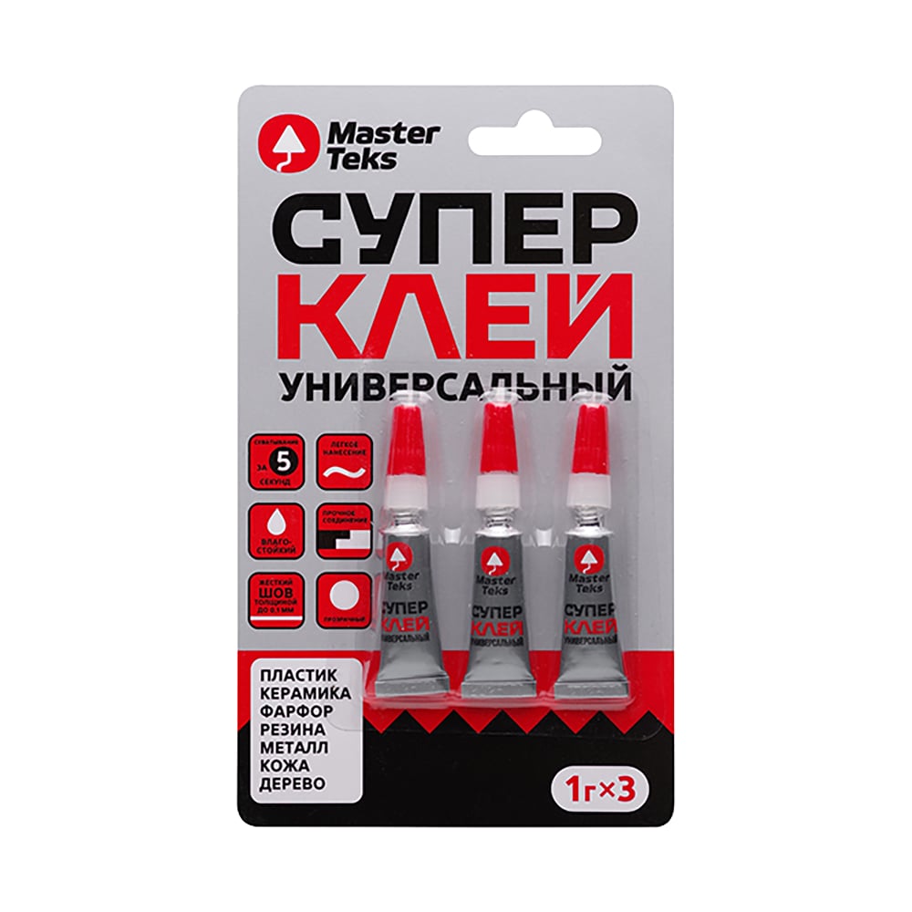 Изображение товара Супер-клей цианоакрилатный MASTERTEKS 3x1 г для керамики пластика и металла