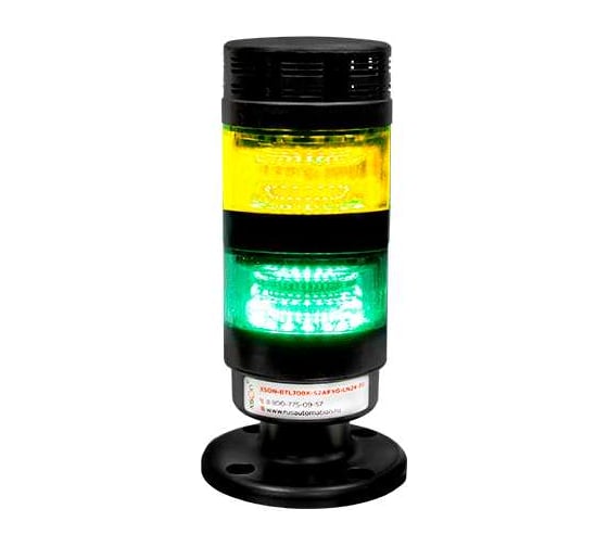 Изображение товара Светосигнальная колонна XSON d = 70 мм, стойка 30 мм, постоянный звук, цвета: желтый, зеленый, 24 В DC, IP53 XSON-BTL70BK-S2AFYG-LN24-30