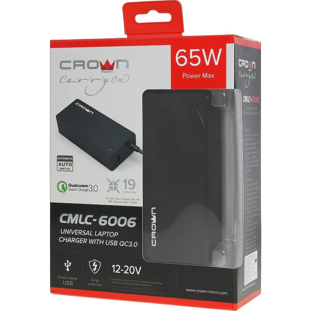 Универсальное зарядное устройство CROWN MICRO блок питания для ноутбука macbook 20 3v 3a 61w usb c без кабеля