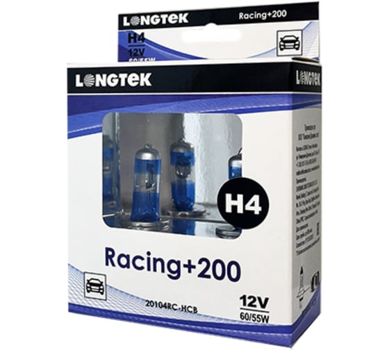 Изображение товара Автолампа галогенная H4 12V 60/55W P43t Racing+200 , комплект 2 шт LONGTEK 20104RC-HCB