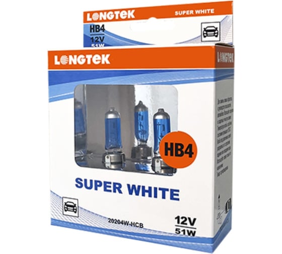 Изображение товара Автолампа галогенная HB4(9006) 12V 51W P22d Super White , комплект 2 шт LONGTEK 20204W-HCB