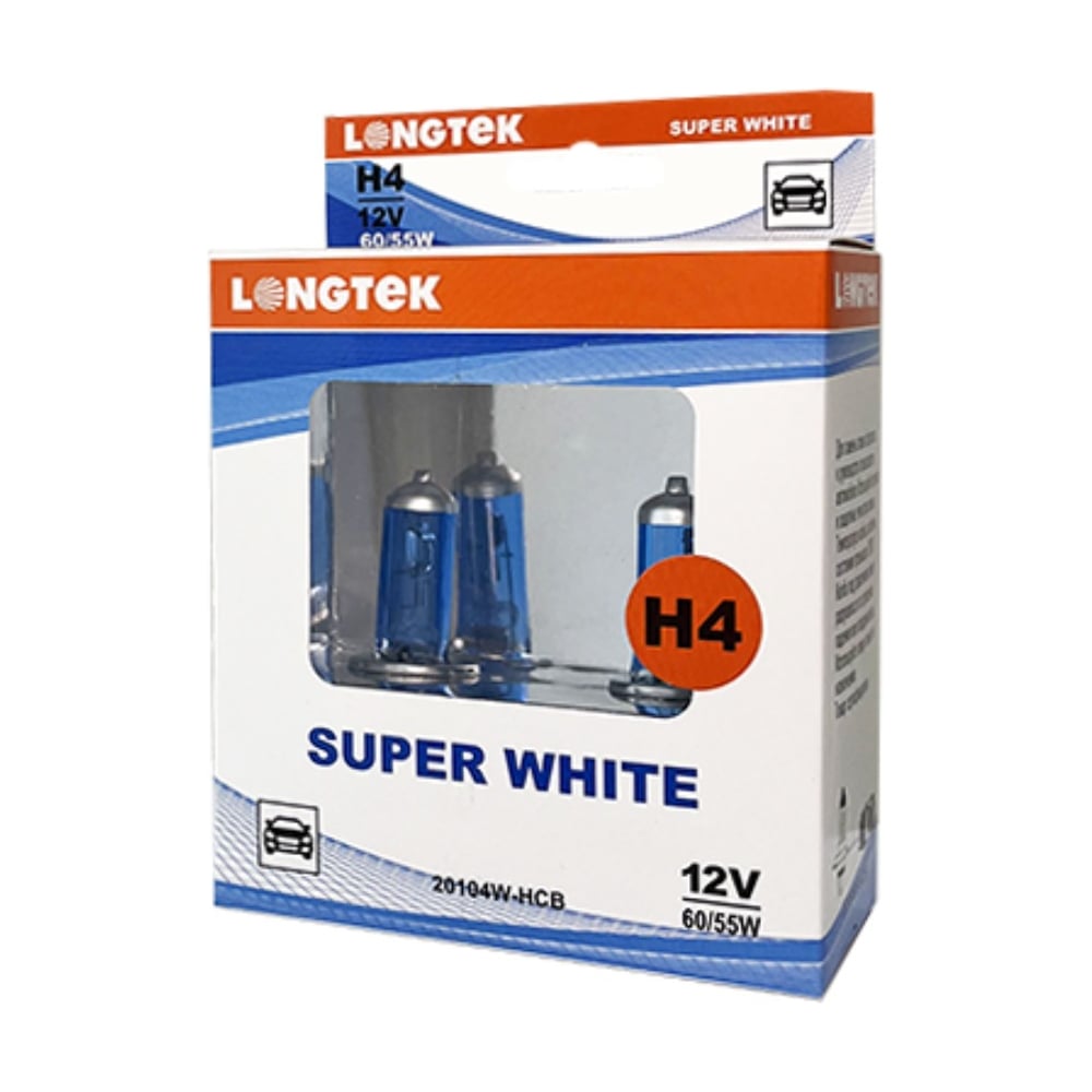 Изображение товара Автолампа галогенная H4 12V 60/55W P43t Super White комплект 2 шт LONGTEK 20104W-HCB