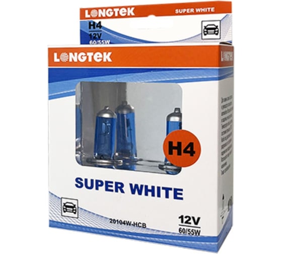 Изображение товара Автолампа галогенная H4 12V 60/55W P43t Super White , комплект 2 шт LONGTEK 20104W-HCB