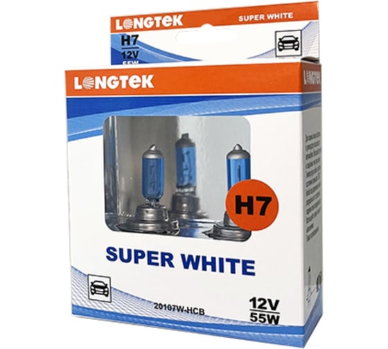 Изображение товара Автолампа галогенная H7 12V 55W PX26d Super White, комплект 2 шт LONGTEK 20107W-HCB