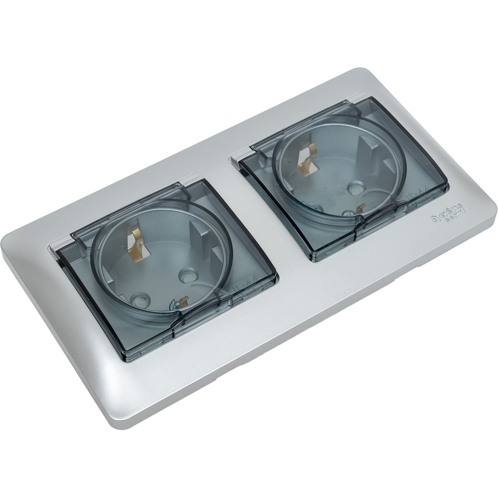 Изображение товара Розетка Systeme Electric Glossa алюминий IP44 с защитными шторками для влажных помещений
