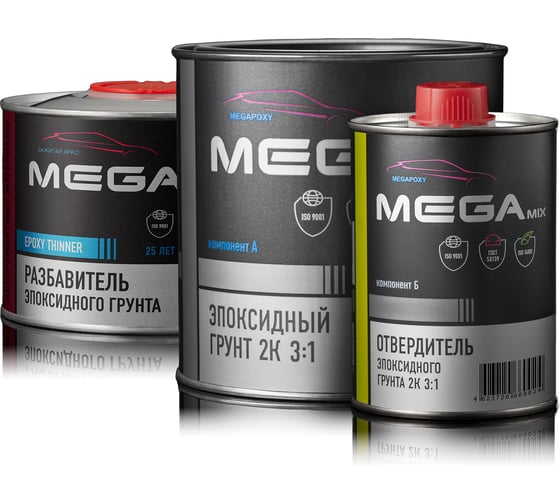 Изображение товара Грунт эпоксидный автомобильный MegaMix 2К 3:1, Серый, Комплект (разбавитель: 500 мл + грунт: 810 г. + отвердитель: 270 г.) 4673755225484