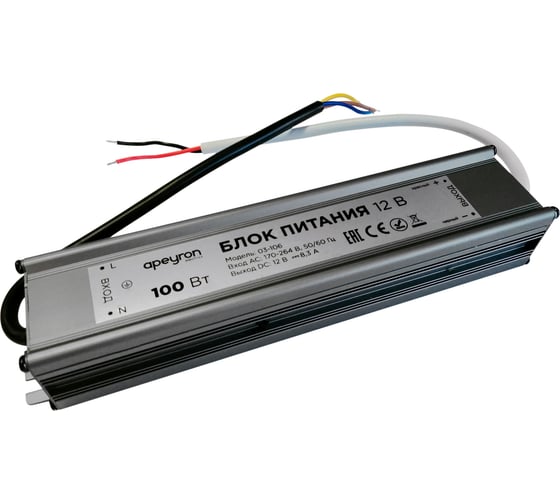 Изображение товара Блок питания Apeyron 12В, 100Вт, IP67, 170-264В, 8,33А, алюминий, серебро 03-106