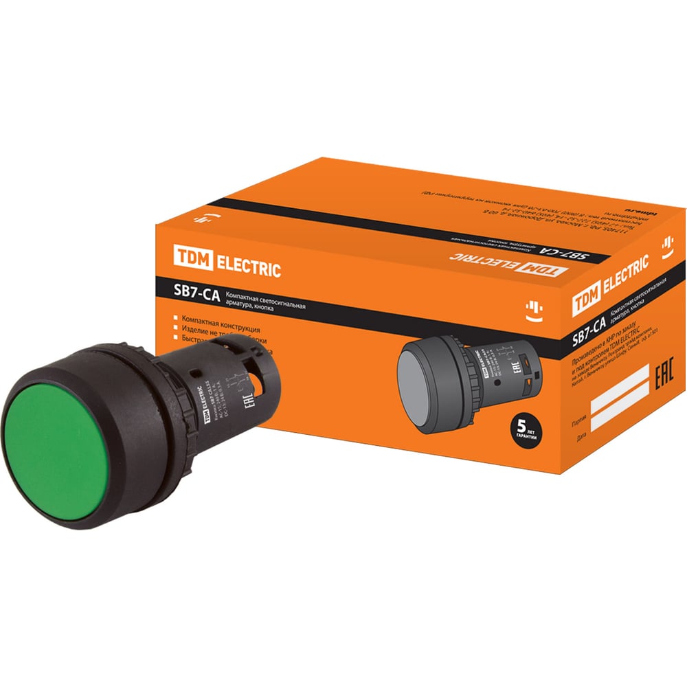 Изображение товара Кнопка TDM ELECTRIC с фиксацией SB7-CAL35 d22мм зеленая