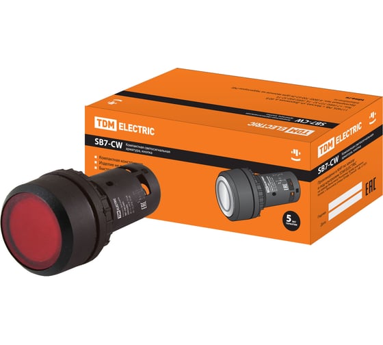 Изображение товара Кнопка TDM ELECTRIC с фиксацией SB7-CWL3465-220V(LED) d22мм 1з+1р красная SQ0746-0043