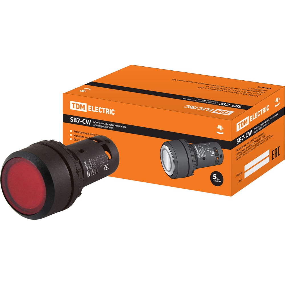 Изображение товара Кнопка TDM ELECTRIC SB7-CW3462-220V(LED) d22мм с подсветкой