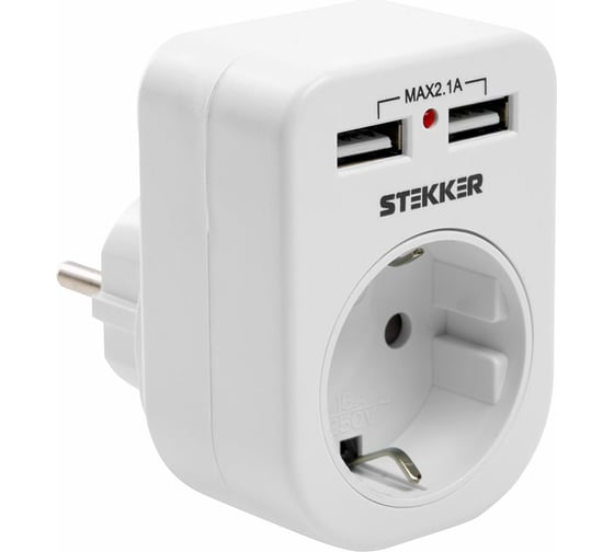 Изображение товара Сетевой переходник STEKKER с заземлением c 2 USB 2,1А, ADP16-24-20, 250В, 16A, IP20, белый 39626