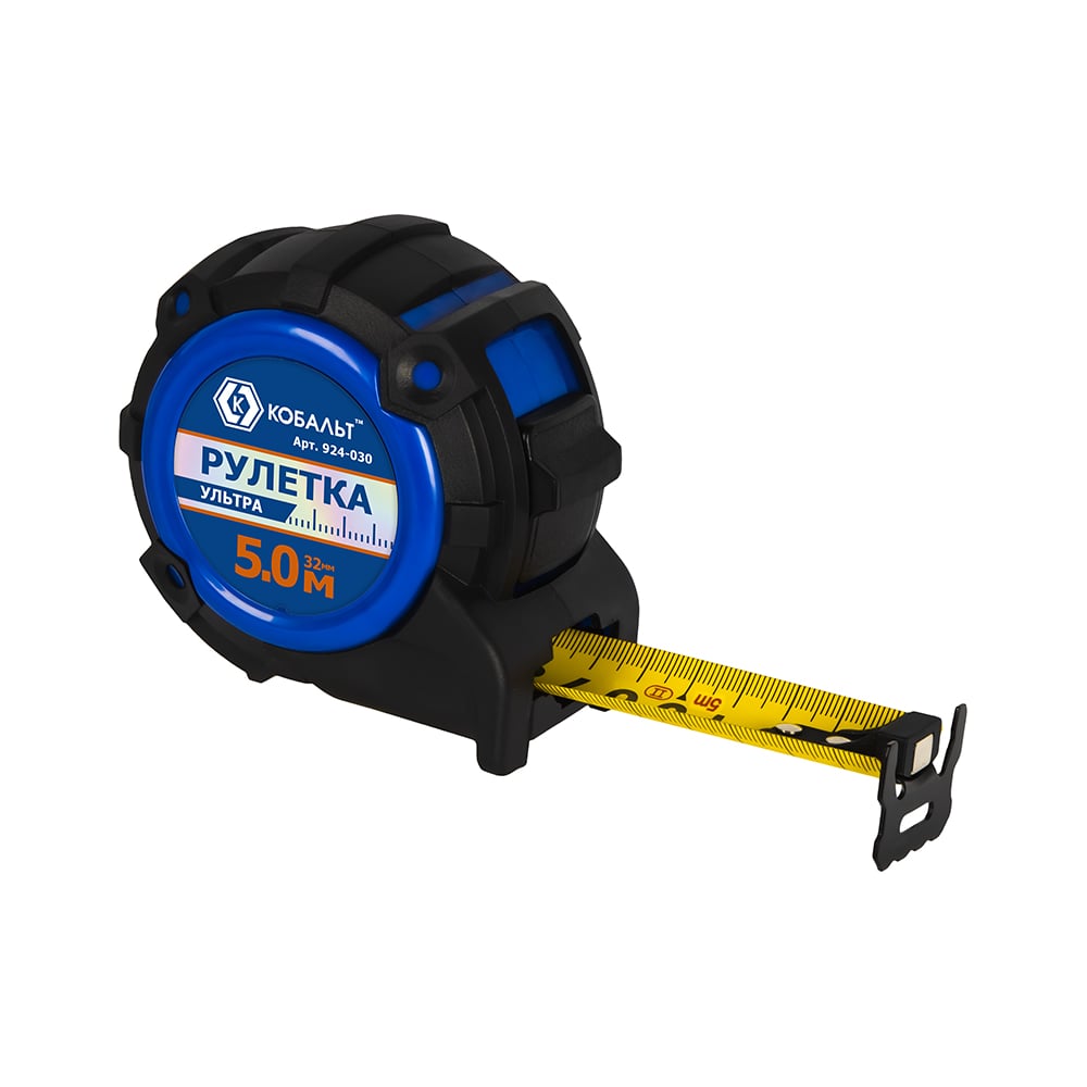 Изображение товара Профессиональная рулетка Кобальт 5 м 32 мм с автозамком и магнитным зацепом