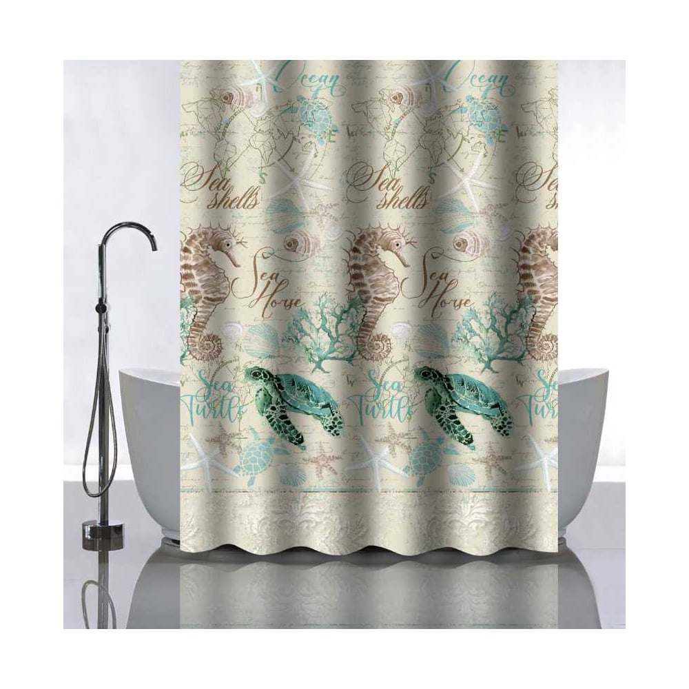 Изображение товара Штора для ванной комнаты САНАКС с рисунком морская фауна 180x180 см без колец