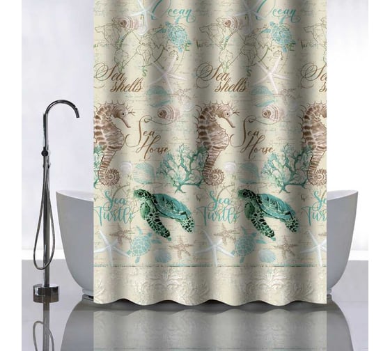 Изображение товара Штора САНАКС с рисунком морская фауна , в ванную комнату, без колец - полиэстэр, 180 х 180 см. 01-118
