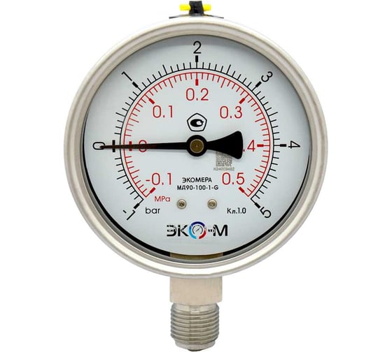 Изображение товара Манометр (Вакуумметр) Экомера МД90-100мм -1...5 бар G1/2 (для гидрозаполнения)(ТН ВЭД 9026204000) ЭКО-М МД90-100мм-G-(-1…5)бар