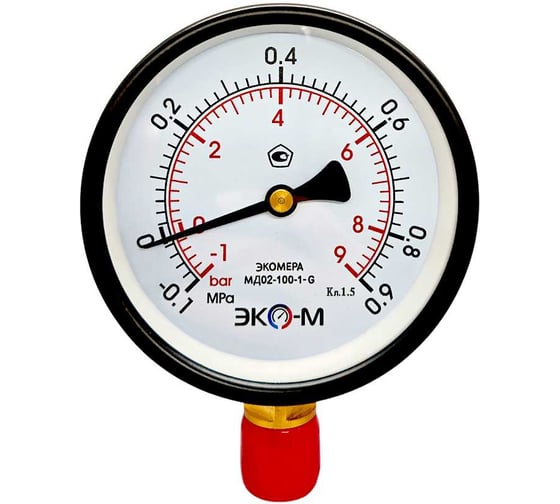 Изображение товара Манометр (Вакуумметр) Экомера МД02-100мм -0,1...0,9 МПа G1\2(ТН ВЭД 9026204000) ЭКО-М МД02-100мм-G-(-0,1..0,9)МПа