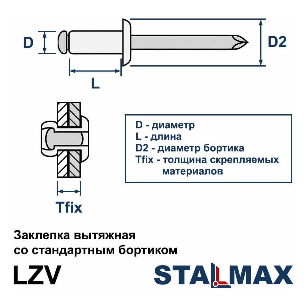 Изображение товара Заклепки вытяжные STALMAX LZV 4,8х32 Al/St алюминий сталь 250 шт