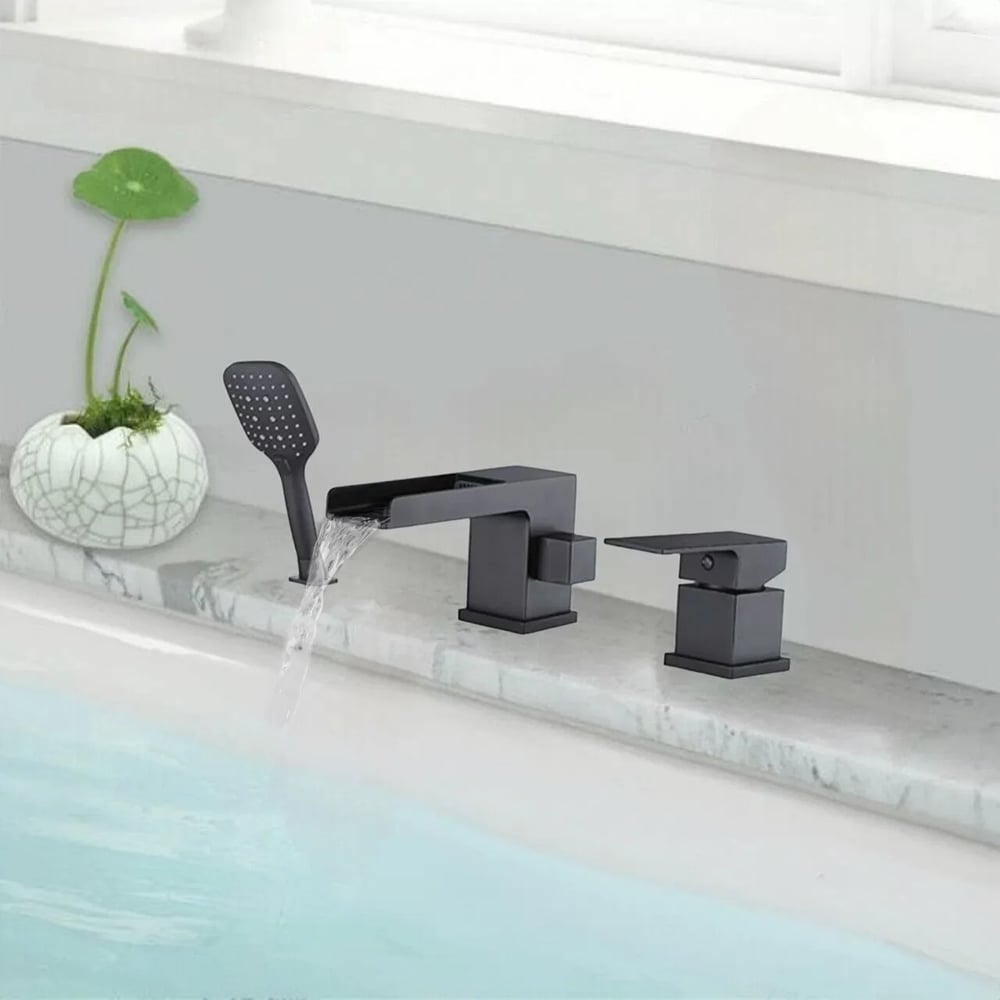 Изображение товара Смеситель на борт ванны ViEiR водопад черный 3 отверстия современный дизайн