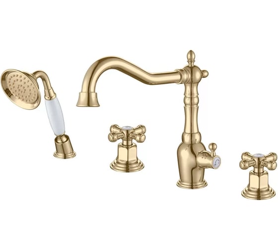 Изображение товара Смеситель на борт ванны ViEiR двухвентильный, золото, 4 отверстия, ручной душ ретро V370132-E